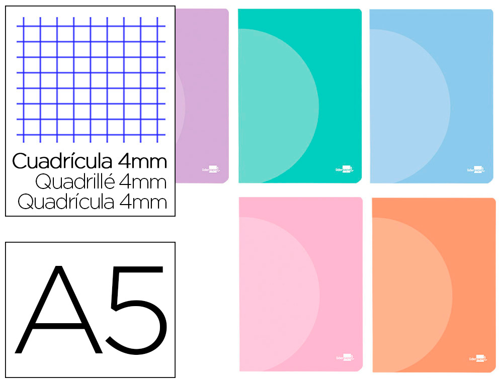 LIBRETA LIDERPAPEL 360 TAPA DE PLASTICO A5 48 HOJAS 90G/M2 CUADRO 4MM CON MARGEN COLORES PASTEL SURTIDOS