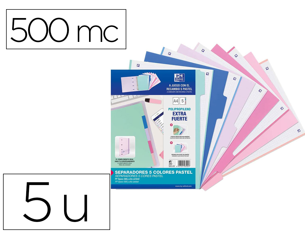 SEPARADORES DE PLASTICO OXFORD POLIPROPILENO 500 MC COLORES PASTEL JUEGO DE 5 SEPARADORES