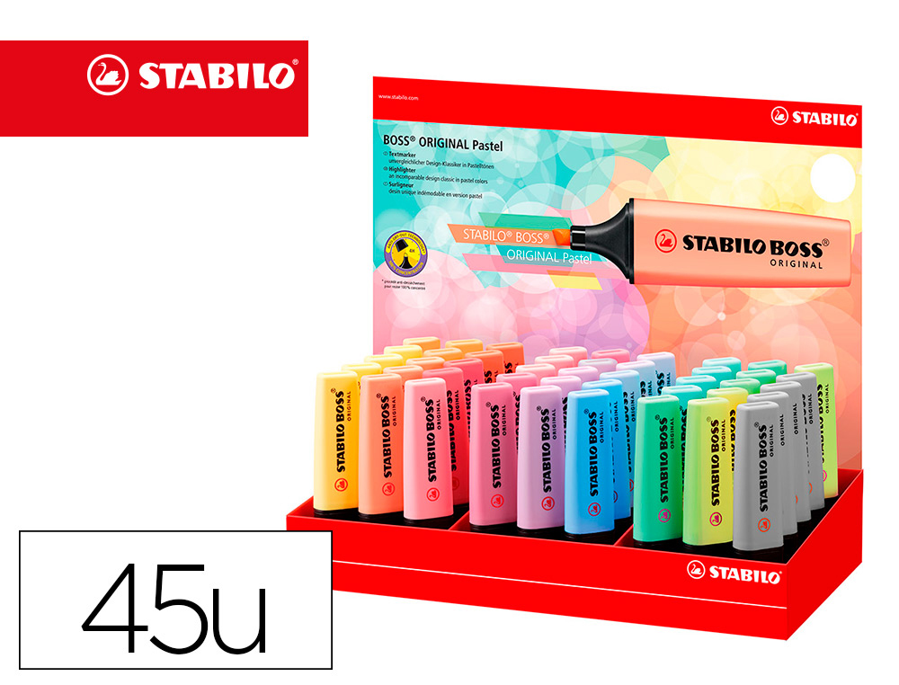 ROTULADOR STABILO BOSS FLUORESCENTE 70 PASTEL EXPOSITOR DE 45 UNIDADES COLORES SURTIDOS