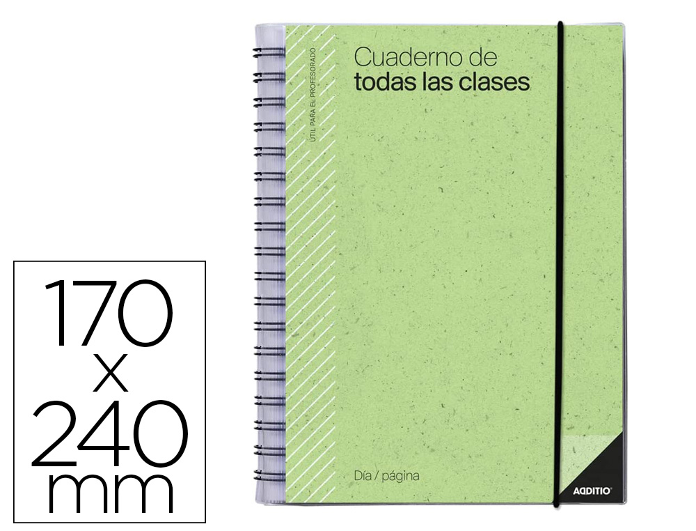 CUADERNO DE TODAS LAS CLASES PROFESORADO ADDITTIO 256 PAGINAS DIA PAGINA COLOR VERDE 170X240 MM