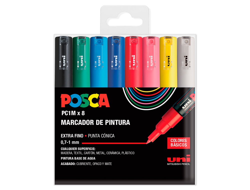 ROTULADOR UNI POSCA PC-1M/8C MARCADOR DE PINTURA PUNTA CONICA 0,7-1 MM ESTUCHE DE 8 UNIDADES COLORES BASICOS