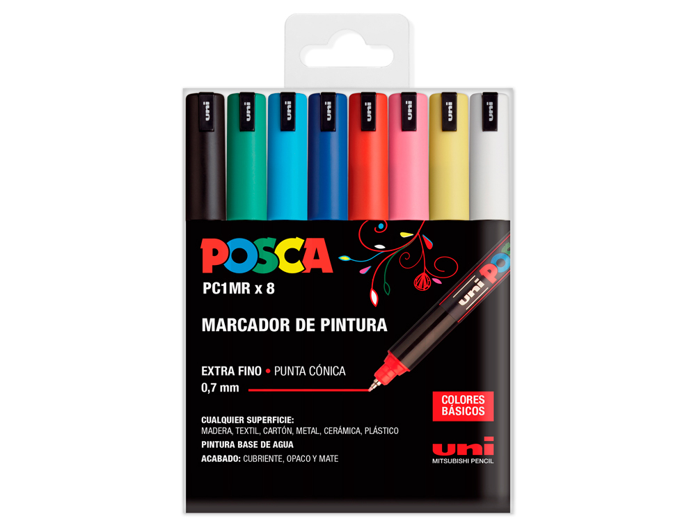 ROTULADOR UNI POSCA PC1MR/8C MARCADOR DE PINTURA PUNTA EXTRAFINA 0,7 MM ESTUCHE DE 8 UNIDADES COLORES BASICOS