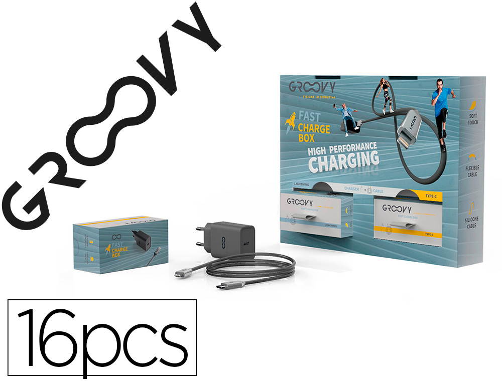 EXPOSITOR GROOVY SOBREMESA 4 CABLES APPLE LIGHTNING + 4 CABLES TIPO C + 8 CARGADORES CARGA RAPIDA