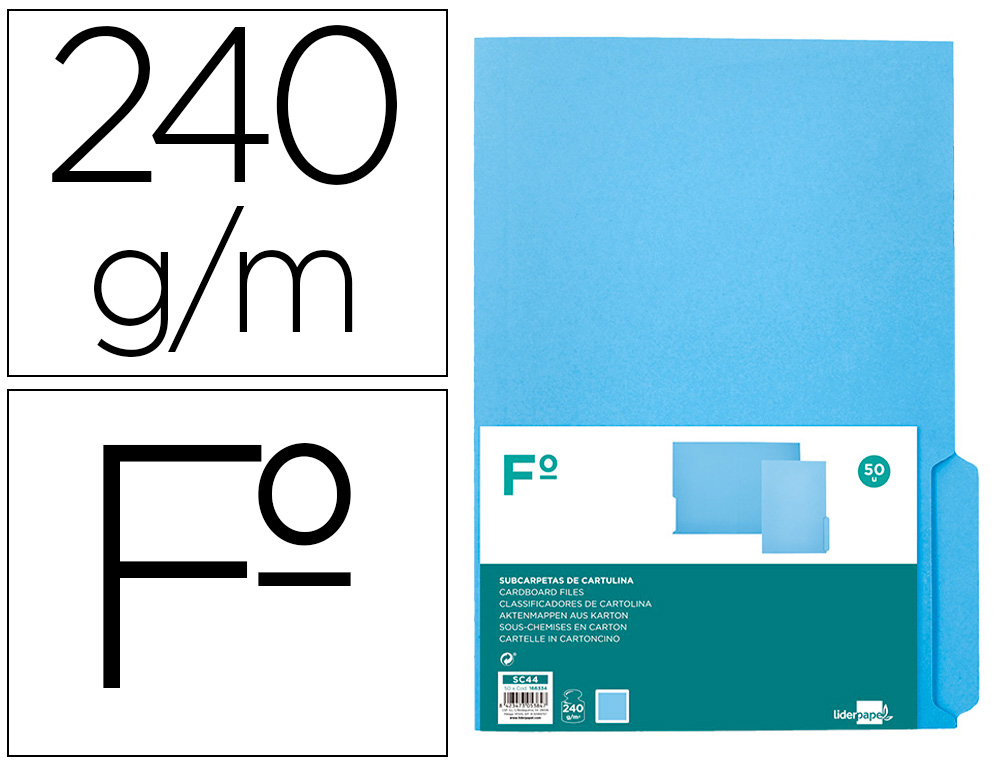 SUBCARPETA CARTULINA LIDERPAPEL FOLIO PESTAA DERECHA 240G/M2 AZUL