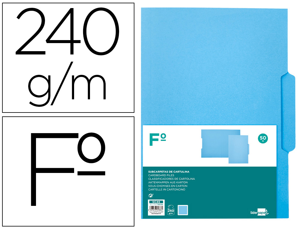 SUBCARPETA CARTULINA LIDERPAPEL FOLIO PESTAA CENTRAL 240G/M2 AZUL