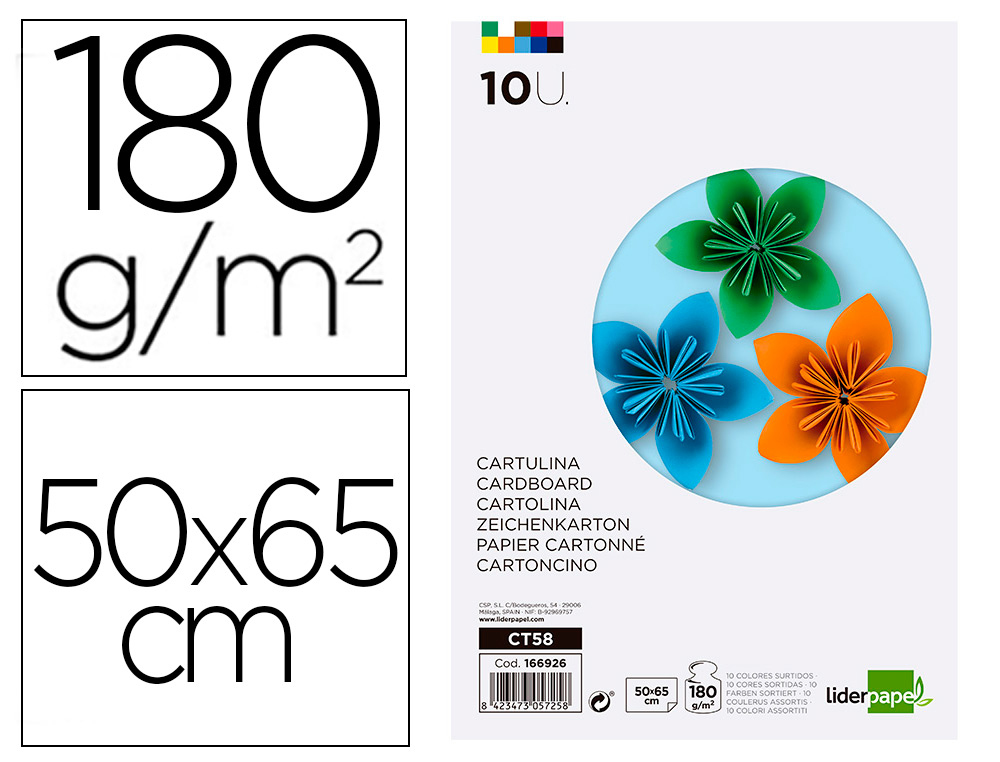 CARTULINA LIDERPAPEL 50X65 CM 180G/M2 10 COLORES SURTIDOS PAQUETE DE 10 HOJAS