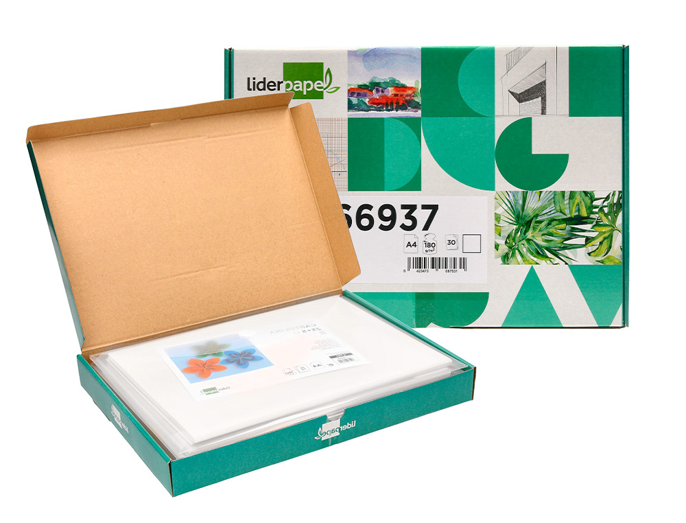 CARTULINA LIDERPAPEL A4 180G/M2 BLANCO PAQUETE DE 25+5 HOJAS EN CARPETA DOSSIER TRANSPARENTE CON CIERRE VELCRO