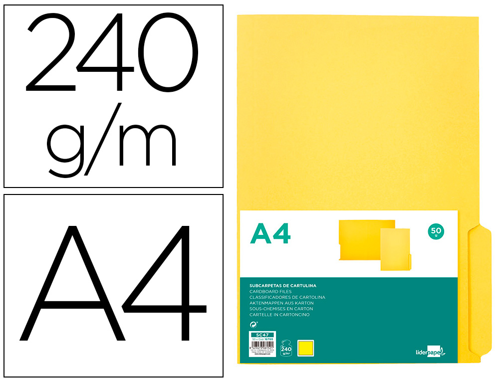 SUBCARPETA CARTULINA LIDERPAPEL DIN A4 PESTAA DERECHA 240G/M2 COLOR AMARILLO