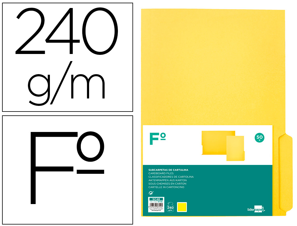 SUBCARPETA CARTULINA LIDERPAPEL FOLIO PESTAA DERECHA 240G/M2 AMARILLO