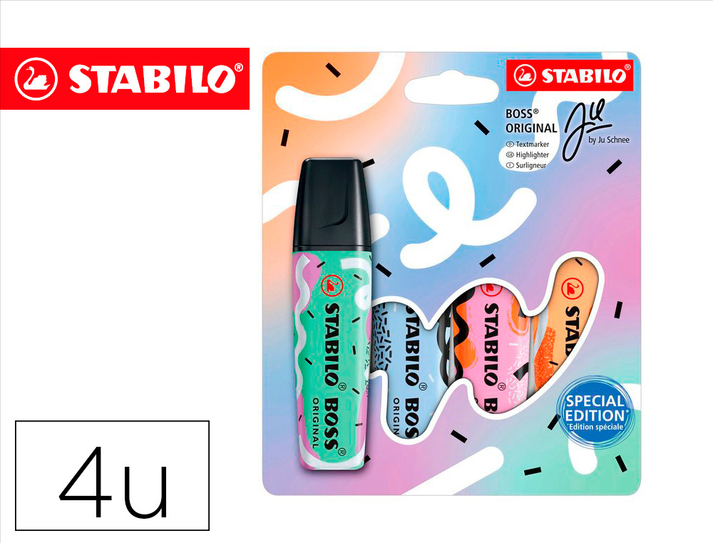 ROTULADOR STABILO BOSS FLUORESCENTE ORIGINAL PASTEL BY JU SCHNEE ESTUCHE DE 4 COLORES SURTIDOS