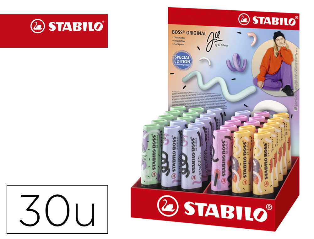 ROTULADOR STABILO BOSS FLUORESCENTE ORIGINAL PASTEL BY JU SCHNEE EXPOSITOR DE 30 UNIDADES COLORES SURTIDOS