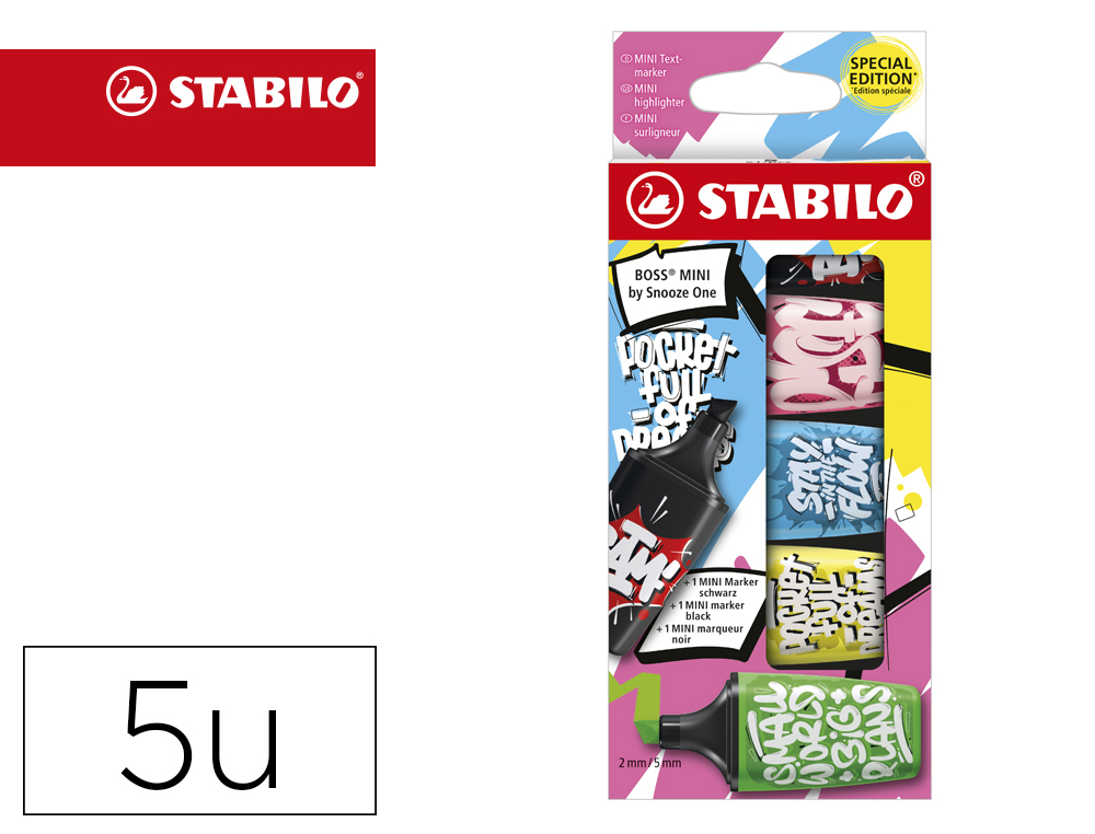 ROTULADOR STABILO BOSS MINI FLUORESCENTE BY SNOOZE ONE ESTUCHE DE 5 UNIDADES COLORES SURTIDOS