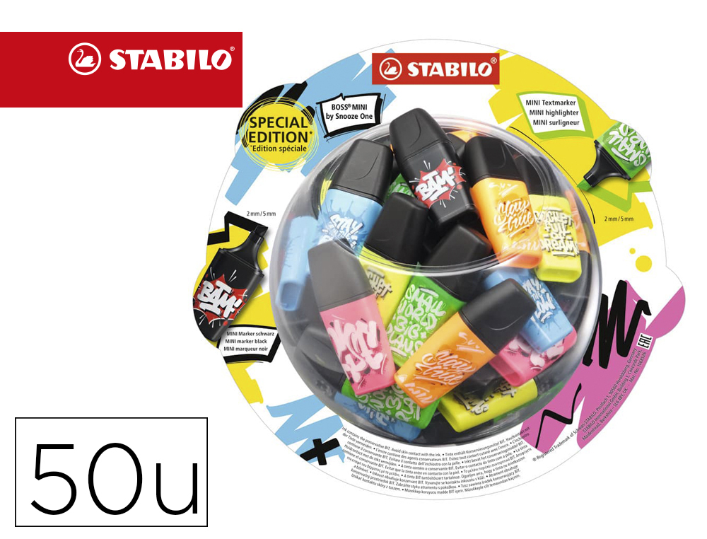 ROTULADOR STABILO BOSS MINI FLUORESCENTE BY SNOOZE ONE EXPOSITOR BOMBONERA DE 50 UNIDADES COLORES SURTIDOS