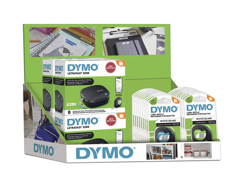EXPOSITOR DE SOBREMESA ROTULADORA DYMO LETRATAG B-200 CON 6 UNIDADES + 20 CINTAS