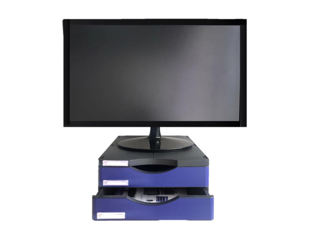 SOPORTE ARCHIVO 2000 PARA MONITOR POLIESTER 100% RECICLADO CON DOS CAJONES HASTA 10 KG COLOR NEGRO/AZUL