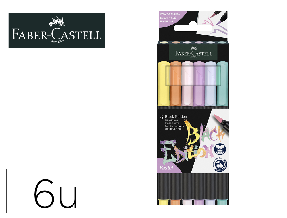 ROTULADOR FABER CASTELL EDICION BLACK PUNTA DE PINCEL PASTEL CAJA DE 6 UNIDADES COLORES SURTIDOS
