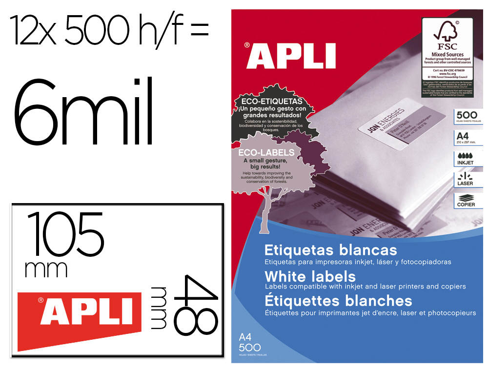 ETIQUETA ADHESIVA APLI 105X48 MM PARA FOTOCOPIADORA LASER INK-JET CAJA DE 500 HOJAS