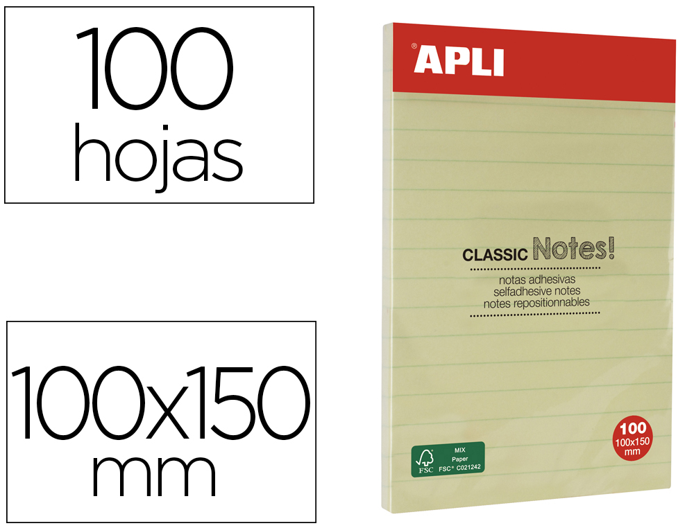 BLOC DE NOTAS ADHESIVAS QUITA Y PON APLI 150X100 MM RAYADO AMARILLO CON 100 HOJAS