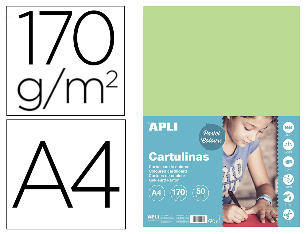 CARTULINA APLI DIN A4 170G/M2 VERDE CLARO PAQUETE DE 50 HOJAS