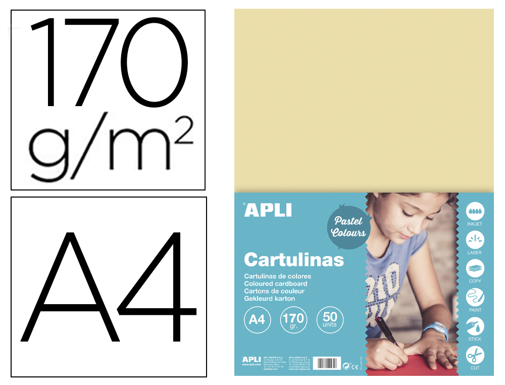 CARTULINA APLI DIN A4 170G/M2 CREMA PAQUETE DE 50 HOJAS