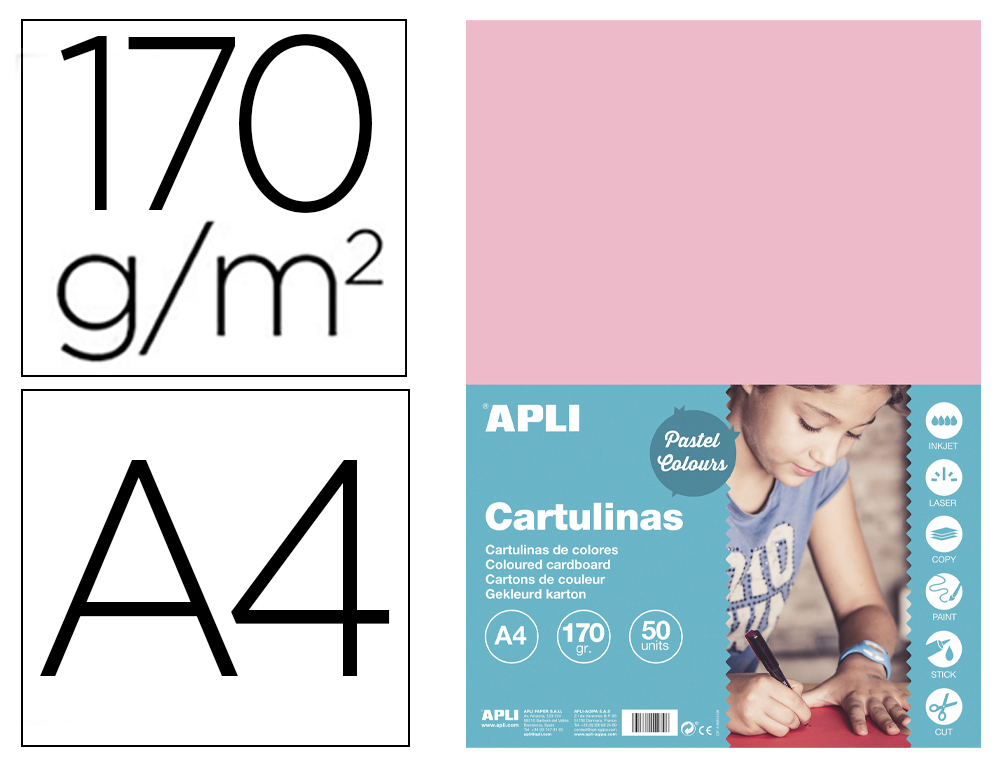 CARTULINA APLI DIN A4 170G/M2 ROSA PAQUETE DE 50 HOJAS