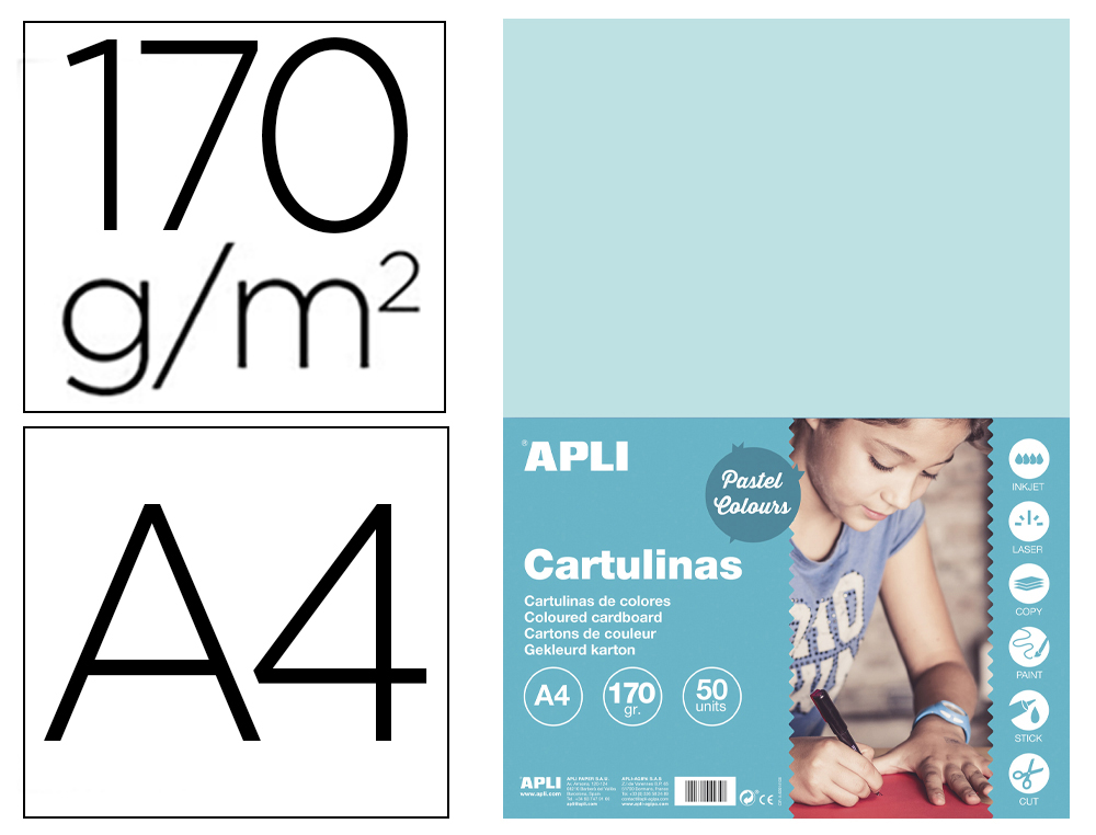 CARTULINA APLI DIN A4 170G/M2 AZUL CLARO PAQUETE DE 50 HOJAS