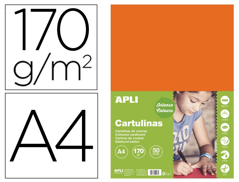 CARTULINA APLI DIN A4 170G/M2 NARANJA PAQUETE DE 50 HOJAS