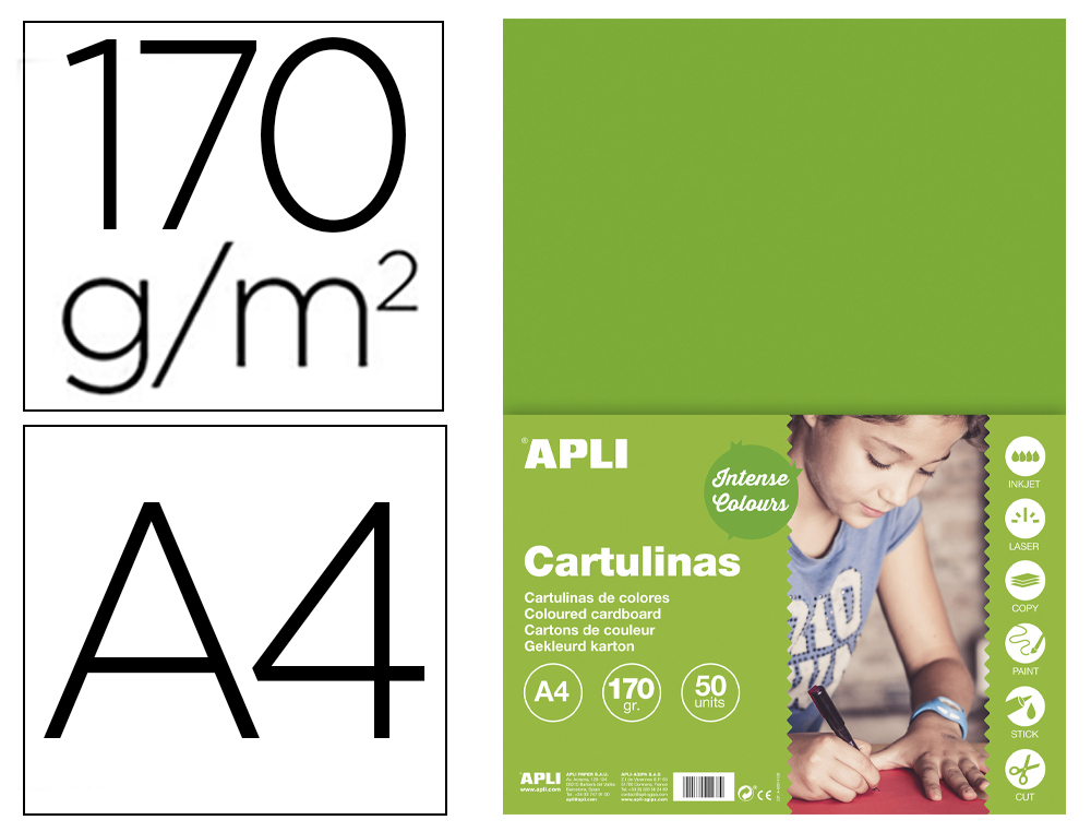 CARTULINA APLI DIN A4 170G/M2 VERDE HIERBA PAQUETE DE 50 HOJAS