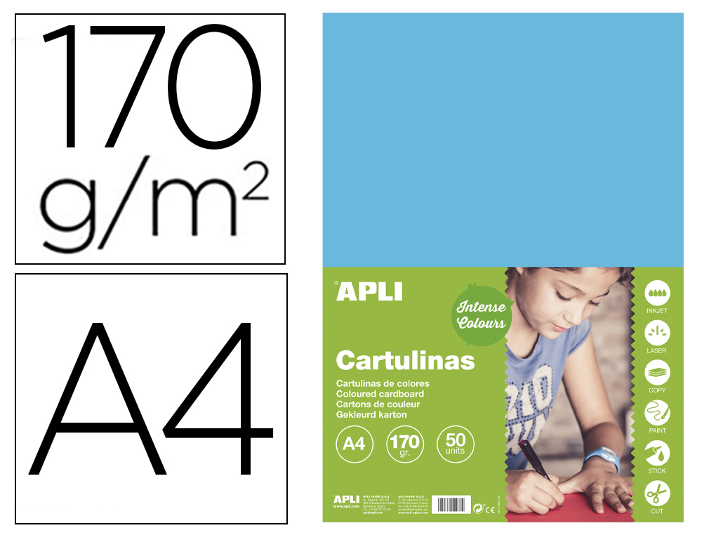 CARTULINA APLI DIN A4 170G/M2 AZUL CIELO PAQUETE DE 50 HOJAS