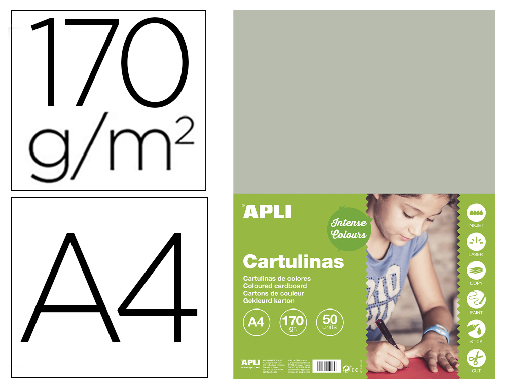 CARTULINA APLI DIN A4 170G/M2 GRIS PAQUETE DE 50 HOJAS