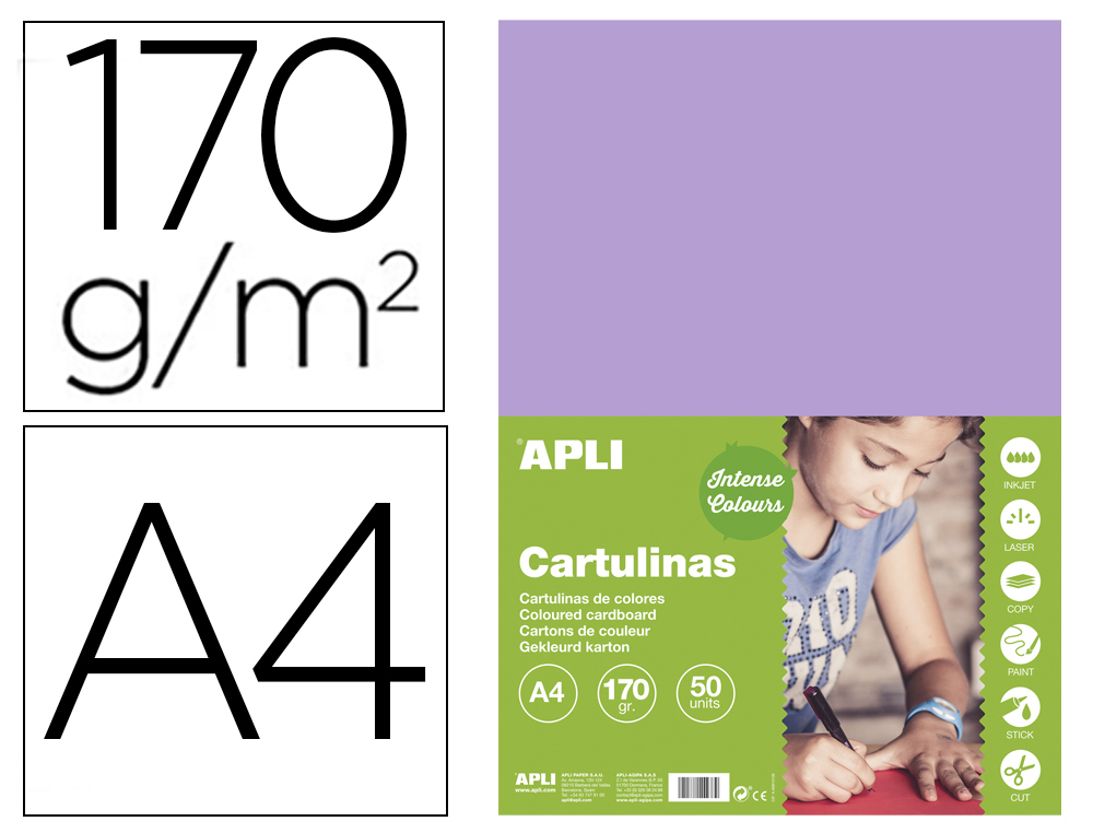 CARTULINA APLI DIN A4 170G/M2 VIOLETA PAQUETE DE 50 HOJAS