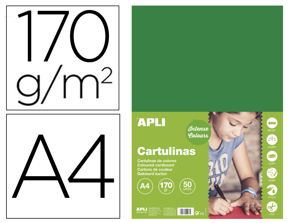 CARTULINA APLI DIN A4 170G/M2 VERDE OSCURO PAQUETE DE 50 HOJAS