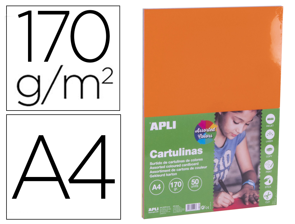 CARTULINA APLI DIN A4 170G/M2 COLORES INTENSOS SURTIDOS PAQUETE DE 50 HOJAS