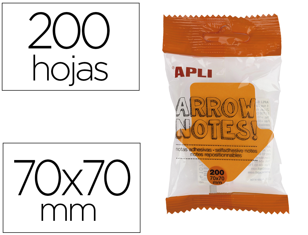 BLOC DE NOTAS ADHESIVAS QUITA Y PON APLI 70X70 MM FLECHA 4 COLORES FLUORESCENTE CON 200 HOJAS