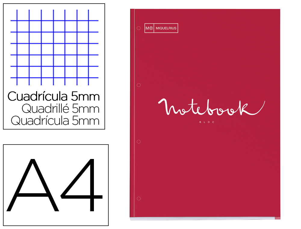 BLOC ENCOLADO MIQUELRIUS NOTEBOOK 1 EMOTIONS TAPA CARTONCILLO DIN A4 80 HOJAS 90G/M2 CUADRO 5 MM COLOR ROJO