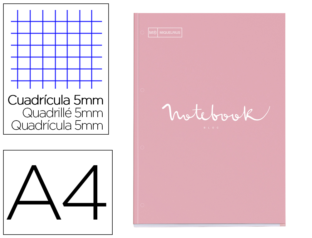 BLOC ENCOLADO MIQUELRIUS NOTEBOOK 1 EMOTIONS TAPA CARTONCILLO DIN A4 80 HOJAS 90G/M2 CUADRO 5 MM COLOR ROSA