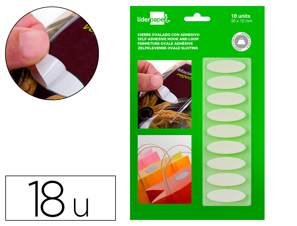 VELCRO AUTOADHESIVO OVALADO LIDERPAPEL BLANCO 35X12 MM BLISTER DE 18 UNIDADES