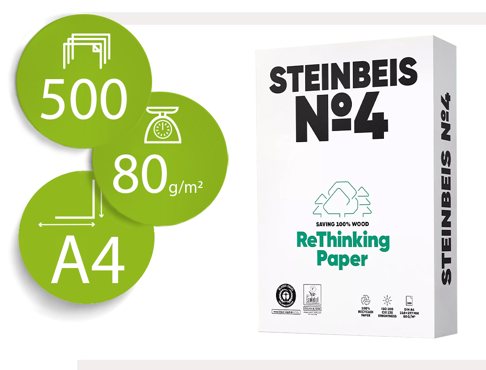 PAPEL FOTOCOPIADORA STEINBEIS N.4 100% RECICLADO DIN A4 80 GRAMOS PAQUETE DE 500 HOJAS