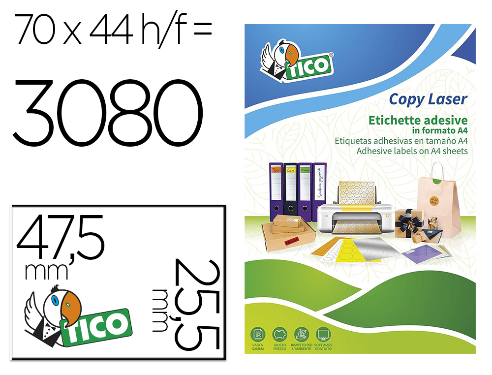 ETIQUETA ADHESIVA TICO ROJO FL UORESCENTES PERMANENTE FSC LASER/INKJET/FOTOCOPIA 47,5X25,5 MMCAJA DE 3080 UNIDADES