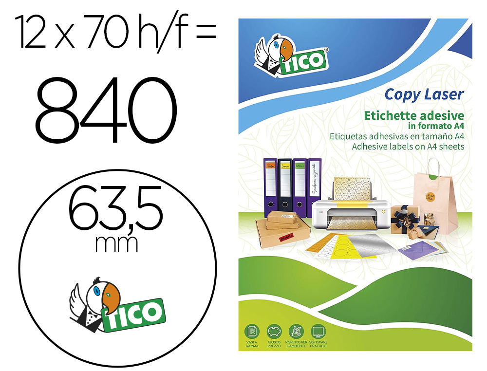 ETIQUETA ADHESIVA TICO VERDE F LUORESCENTES PERMANENTE FSC LASER/INKJET/FOTOCOPIA REDONDA 63,5MM CAJA DE 840 UNIDADES