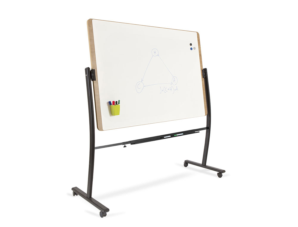 PIZARRA BLANCA ROCADA LACADA MAGNETICA MARCO ALUMINIO DOBLECARA VOLTEABLE CURVE CON RUEDAS 100X150 CM