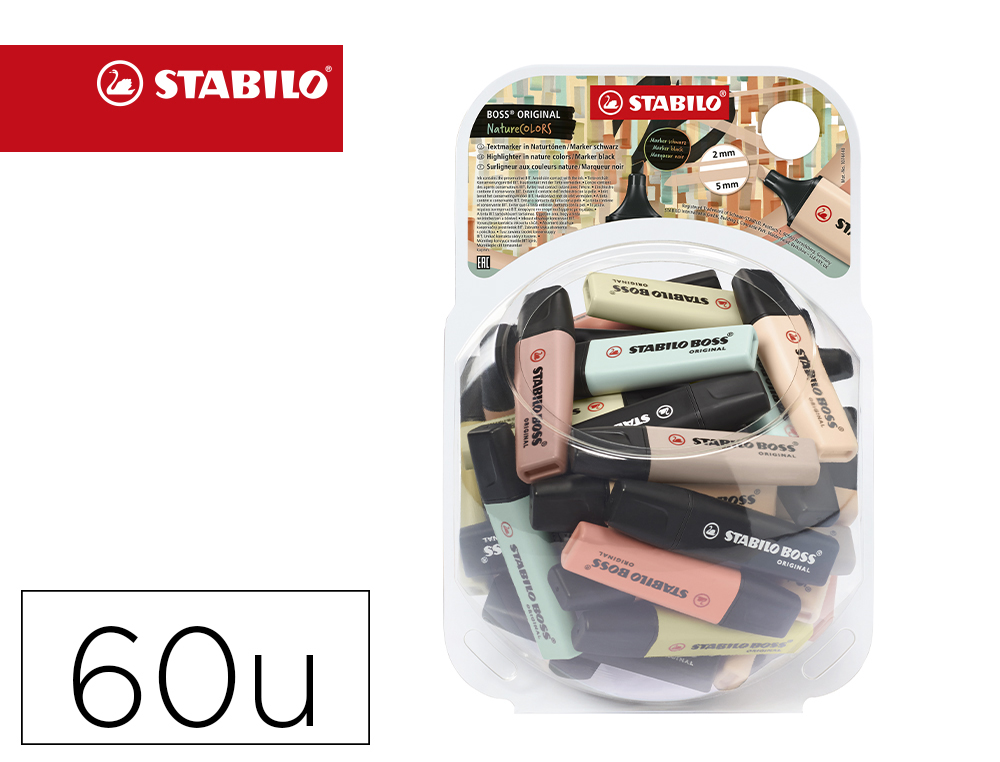 ROTULADOR STABILO BOSS PASTEL FLUORESCENTE 70 NATURE COLORS BOMBONERA DE 60 UNIDADES COLORES SURTIDOS