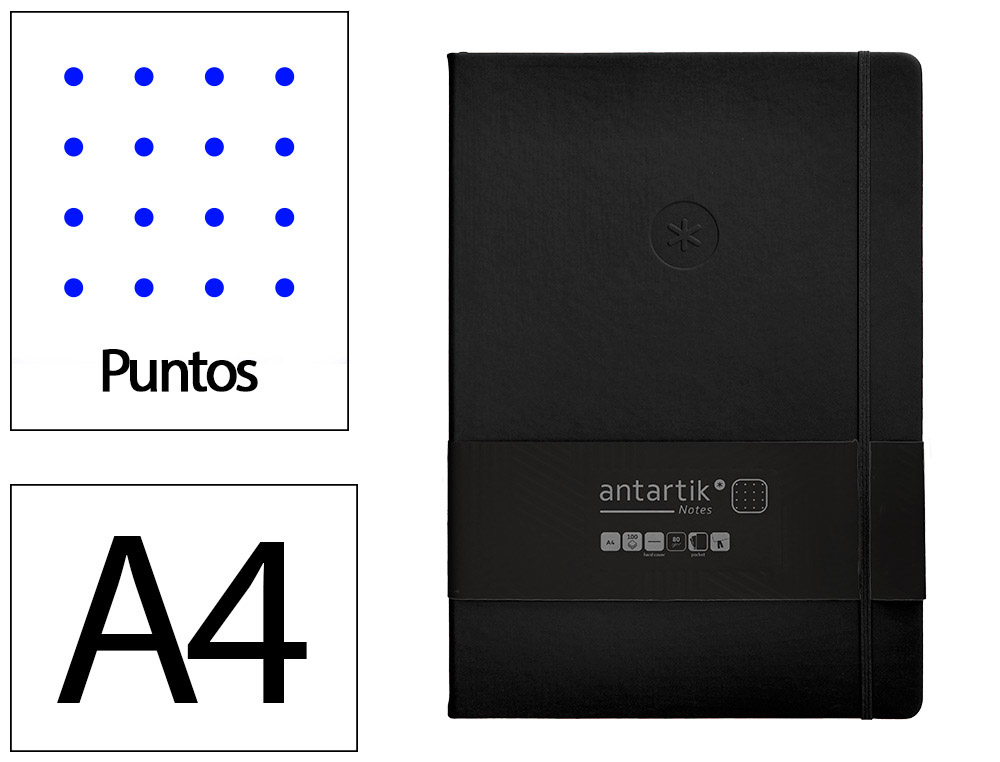 CUADERNO CON GOMILLA ANTARTIK NOTES TAPA DURA A4 HOJAS PUNTOS NEGRO 100 HOJAS 80 GR FSC