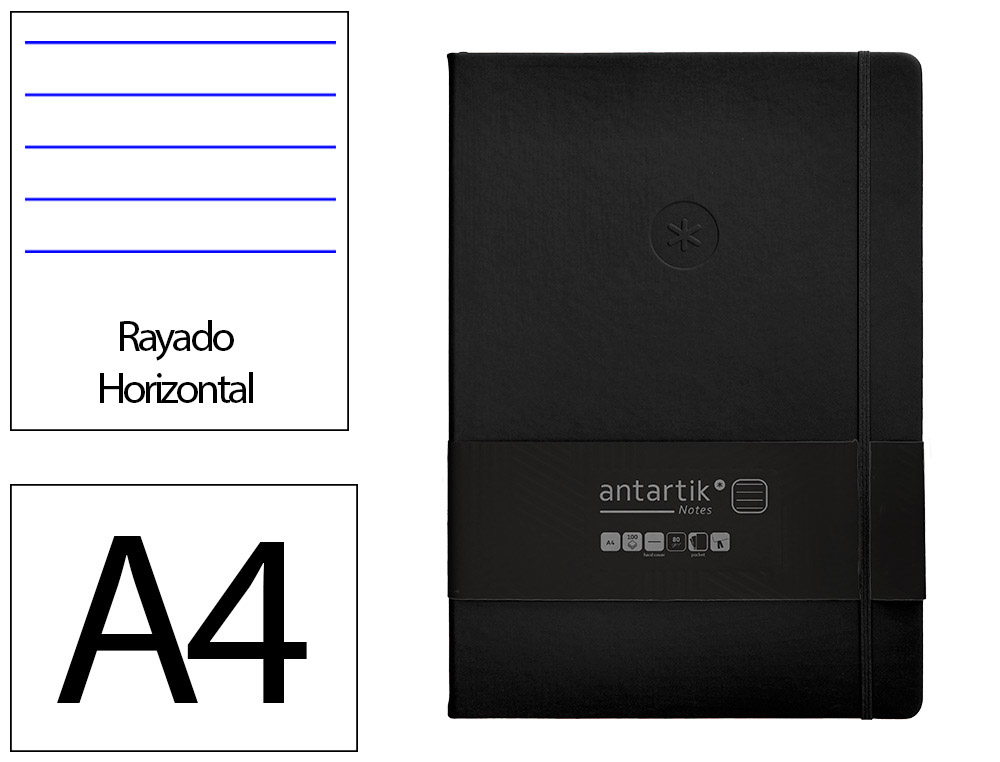 CUADERNO CON GOMILLA ANTARTIK NOTES TAPA DURA A4 HOJAS RAYAS NEGRO 100 HOJAS 80 GR FSC