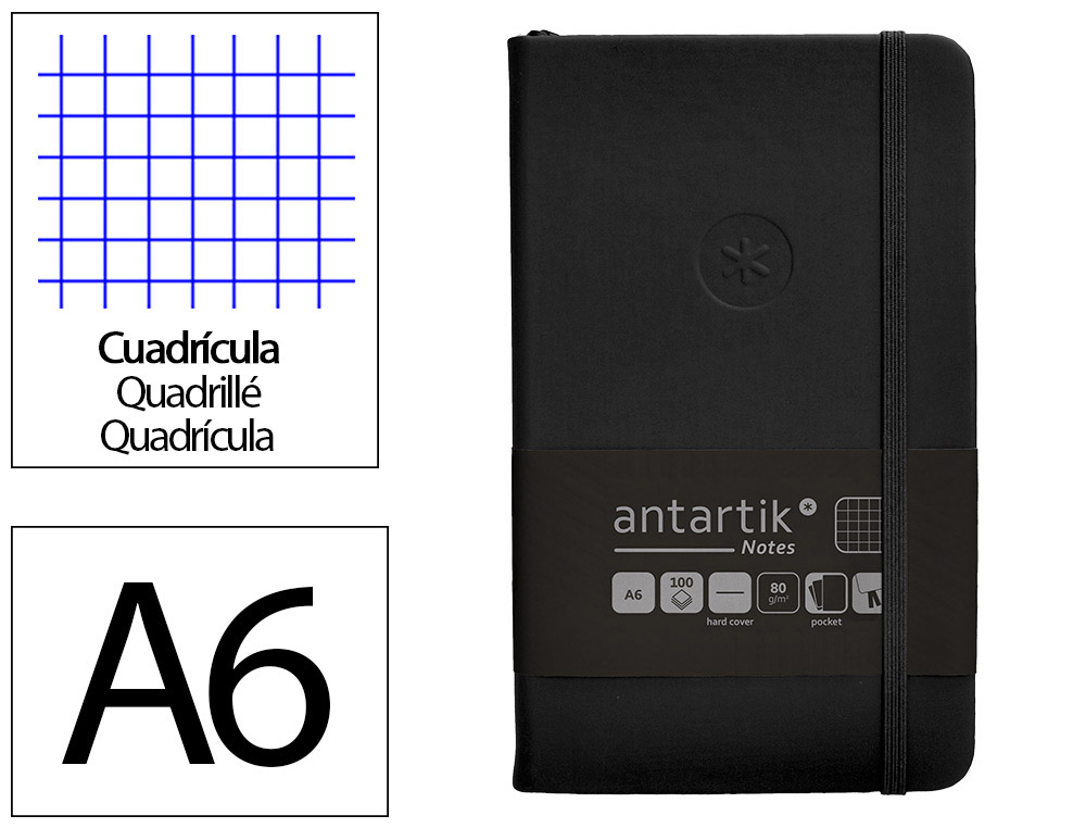 CUADERNO CON GOMILLA ANTARTIK NOTES TAPA DURA A6 HOJAS CUADRICULA NEGRO 100 HOJAS 80 GR FSC