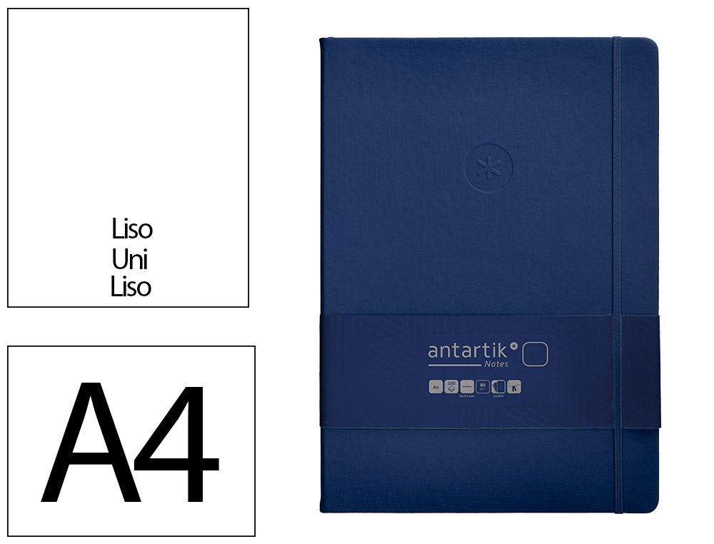 CUADERNO CON GOMILLA ANTARTIK NOTES TAPA DURA A4 HOJAS LISAS AZUL MARINO 100 HOJAS 80 GR FSC