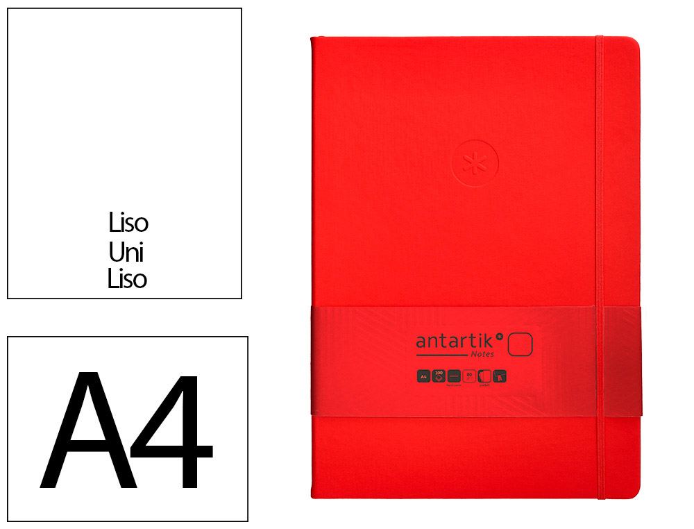 CUADERNO CON GOMILLA ANTARTIK NOTES TAPA DURA A4 HOJAS LISAS ROJO 100 HOJAS 80 GR FSC