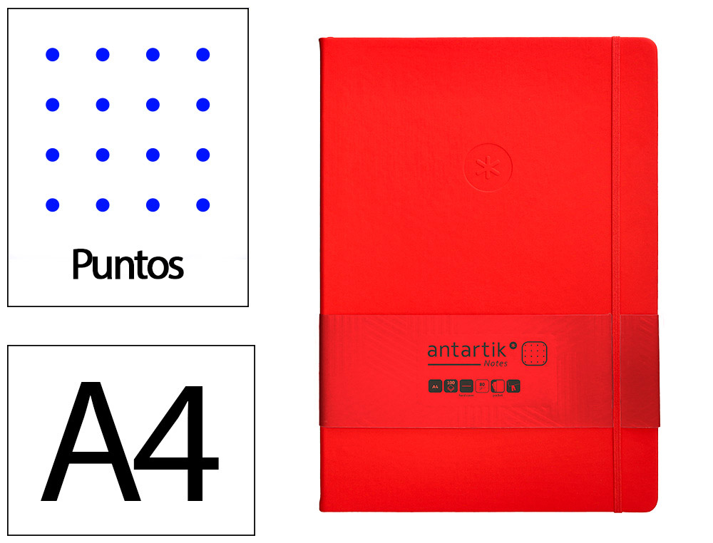 CUADERNO CON GOMILLA ANTARTIK NOTES TAPA DURA A4 HOJAS PUNTOS ROJO 100 HOJAS 80 GR FSC