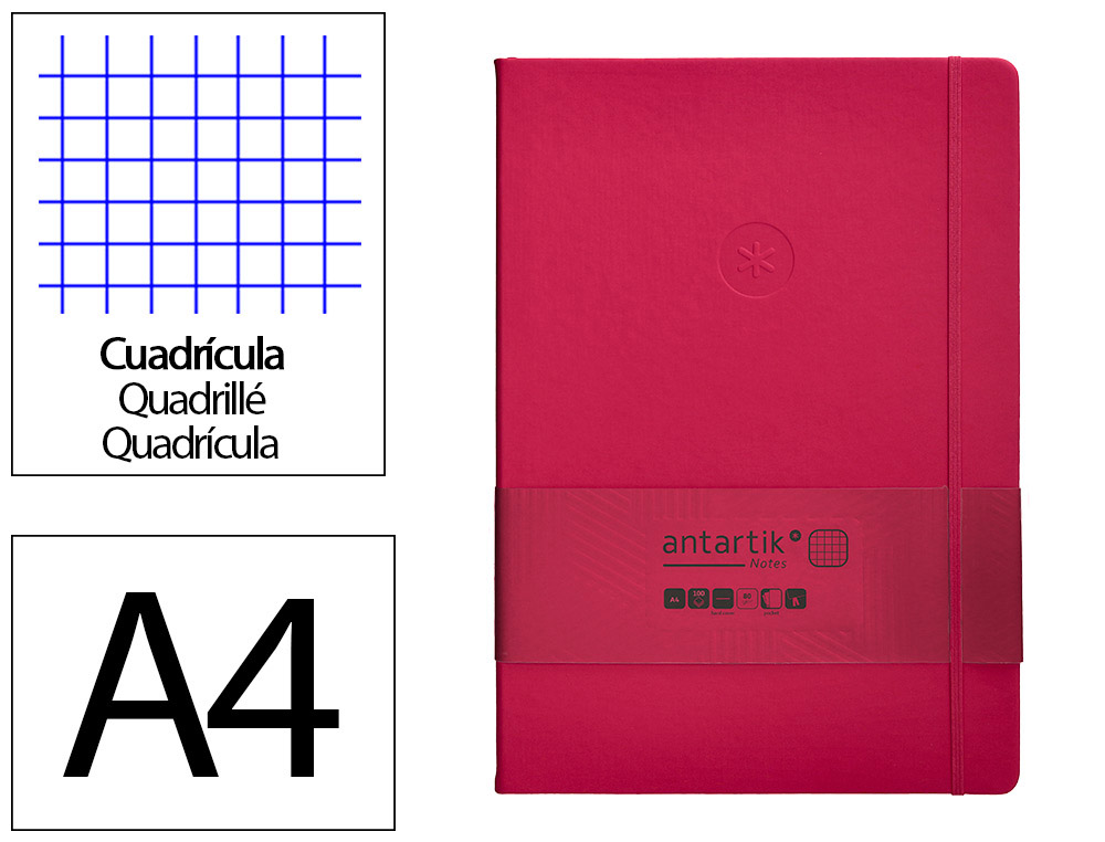 CUADERNO CON GOMILLA ANTARTIK NOTES TAPA DURA A4 HOJAS CUADRICULA BURDEOS 100 HOJAS 80 GR FSC