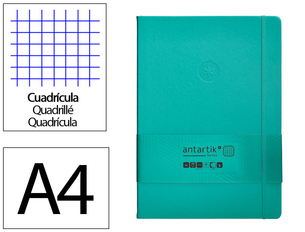 CUADERNO CON GOMILLA ANTARTIK NOTES TAPA DURA A4 HOJAS CUADRICULA TURQUESA 100 HOJAS 80 GR FSC